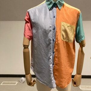 Kiko Multicolor Patchwork Button-Down Shirt - Coral, Mint & Light Blue